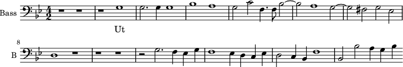 
\new Staff \with {
  midiInstrument = "voice oohs"
  shortInstrumentName = #"B "
  instrumentName = #"Bass "
  } {
  \clef bass \relative c' {  
   \time 4/2 \key g \minor 
        r1 r1
        r1 g
        g2. g4 g1
        bes1 a 
        g2 c f,4. f8  bes2~
        bes2 a1 g2~
        g2 fis2 g2 ees
        d1 r1
        r1 r1
        r2 g2. f4 ees g
        f1 ees4 d c ees
        d2 c4 bes f'1
        bes,2 bes'2 a4 g4 bes4
  }  }
 \addlyrics { 
              Ut
            }
