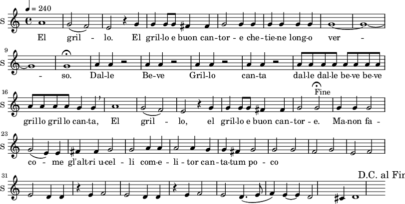 \new Staff \with {
midiInstrument = #"Flute"
instrumentName = #"S "
shortInstrumentName = #"S "
} {
\relative c'' {
\tempo 4 = 240
a1
g2 ( f) |
e r4 g4 |
g g8 g fis4 fis |
g2 g4 g |
g g g g|
g1 ~ | g ~ g |
g\fermata
\repeat unfold 4 { a4 a r2 | }
\repeat unfold 12 { a8 }
g4 g \breathe |
a1 |
g2 ( f) | e r4 g4 |
g g8 g fis4 fis |
g2 g\fermata^"Fine" |
% \context Voice =sopOne {
g4 g g2 |
g ( e4) e fis fis |
g2 g a4 a |
a2 a4 g g fis |
g2 g |
% }
g2 f |
g e |
f e |
d4 d r4 e4 |
f2 e |
d4 d r e
f2 e |
d4.( e8 f4) e ~ |
e d2 cis4 |
d1
% \override Score.RehearsalMark #'break-visibility = #begin-of-line-invisible
% \override Score.RehearsalMark #'self-alignment-X = #RIGHT
\mark "D.C. al Fine"
} }
\addlyrics {
El gril -- lo.
El gril -- lo e buon can -- tor -- e che -- tie -- ne long -- o ver -- so.
Dal -- le Be -- ve
Gril -- lo can -- ta
dal -- le dal -- le be -- ve be -- ve gril -- lo gril -- lo
can -- ta,
El gril -- lo,
el gril -- lo e buon can -- tor -- e.
Ma -- non fa -- co -- me gl'alt -- "ri u" -- cel -- li
com -- e -- li -- tor can -- ta -- tum po -- co
}