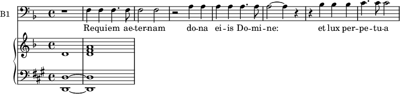 <<
\new Staff \with {
midiInstrument = "cello"
shortInstrumentName = #"B "
instrumentName = #"B1 "
} {
\clef bass \relative c {
\time 4/4 \key f \major
r1
f4 f f4. f8
f2 f2
r2 a4 a4
a4 a4 a4. a8
a2~ a4 r4
r4 bes4 bes bes
c4. c8 c2
} }
\addlyrics {
Re -- qui -- em ae -- ter -- nam
do -- na ei -- is Do -- mi -- ne:
et lux per -- pe -- tu -- a
}
\new PianoStaff <<
\new Staff \with {
midiInstrument = "church organ"
} \relative c' {
\key f \major \time 4/4
d1 <d f a>1
}
\new Staff \with {
midiInstrument = "church organ"
} \relative c {
\clef bass
\key a \major \time 4/4
<d, d'>1~ <d d'>1
}
>>
>>