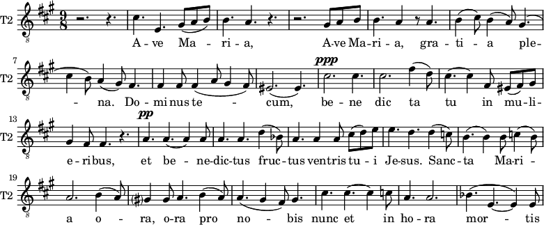 \new Staff \with {
midiInstrument = "violin"
shortInstrumentName = #"T2 "
instrumentName = #"T2 "
} {
\relative c' {
\clef "treble_8"
\time 9/8 \key a \major
r2. r4.
cis4. e,4. gis8 (a b)
b4. a4. r4.
r2. gis8 a b
b4. a4 r8 a4.
b4 (cis8) b4 (a8) gis4.
( cis4 b8) a4 (gis8) fis4.
fis4 fis8 fis4 (a8 gis4 fis8)
eis2. ( eis4. )
cis'2. ^\ppp cis4.
cis2. fis4 (d8)
cis4. (cis4) fis,8 eis (fis) gis
gis4 fis8 fis4. r4.
a4. ^\pp a4. (a4) a8
a4. a4. d4 (bes8)
a4. a4 a8 cis8 (d) e
e4. d4. d4 (c8)
b4. (b4) b8 c4 (b8)
a2. b4 (a8)
gis?4 gis8 a4. b4 (a8)
a4. ( gis4 fis8) gis4.
cis4. cis4. (cis4) c8
a4. a2.
bes4. (e,4.~ e4) e8
} }
\addlyrics {
A -- ve Ma -- ri -- a,
A -- ve Ma -- ri -- a, gra -- ti -- a ple -- na.
Do -- mi -- nus te -- cum,
be -- ne dic ta tu in mu -- li -- e -- ri -- bus,
et be -- ne -- dic -- tus fruc -- tus ven -- tris tu -- i Je -- sus.
Sanc -- ta Ma -- ri -- a
o -- ra, o -- ra pro no -- bis
nunc et in ho -- ra mor -- tis nos -- trae. A -- men, a -- men, a -- men
}