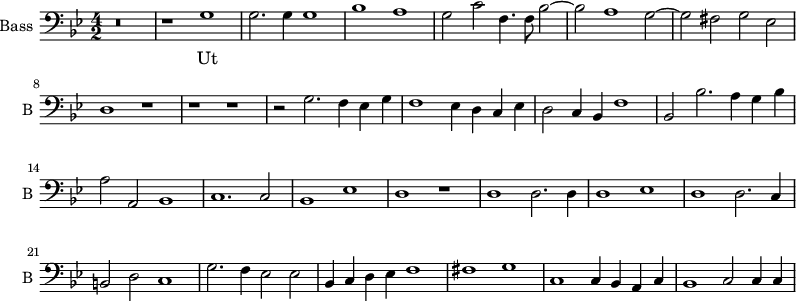 
\new Staff \with {
  midiInstrument = "voice oohs"
  shortInstrumentName = #"B "
  instrumentName = #"Bass "
  } {
  \clef bass \relative c' {  
   \time 4/2 \key g \minor 
        r\breve
        r1 g
        g2. g4 g1
        bes1 a 
        g2 c f,4. f8  bes2~
        bes2 a1 g2~
        g2 fis2 g2 ees
        d1 r1
        r1 r1
        r2 g2. f4 ees g
        f1 ees4 d c ees
        d2 c4 bes f'1
        bes,2 bes'2. a4 g4 bes4
        a2 a,2 bes1
        c1. c2
        bes1 ees
        d1 r1
        d1 d2. d4
        d1 ees1
        d1 d2. c4
        b2 d2 c1
        g'2. f4 ees2 ees
        bes4 c d ees f1
        fis1 g
        c,1  c4 bes a c
        bes1 c2 c4 c4
  }  }
 \addlyrics { 
              Ut
            }
