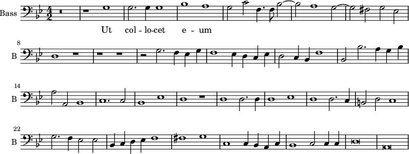 
\new Staff \with {
  midiInstrument = "voice oohs"
  shortInstrumentName = #"B "
  instrumentName = #"Bass "
  } {
  \clef bass \relative c' {  
   \time 4/2 \key g \minor 
        r\breve
        r1 g
        g2. g4 g1
        bes1 a 
        g2 c f,4. f8  bes2~
        bes2 a1 g2~
        g2 fis2 g2 ees
        d1 r1
        r1 r1
        r2 g2. f4 ees g
        f1 ees4 d c ees
        d2 c4 bes f'1
        bes,2 bes'2. a4 g4 bes4
        a2 a,2 bes1
        c1. c2
        bes1 ees
        d1 r1
        d1 d2. d4
        d1 ees1
        d1 d2. c4
        b2 d2 c1
        g'2. f4 ees2 ees
        bes4 c d ees f1
        fis1 g
        c,1  c4 bes a c
        bes1 c2 c4 c4
        d\breve
         a\breve
  }  }
 \addlyrics { 
              Ut col -- lo -- cet e -- um
            }
