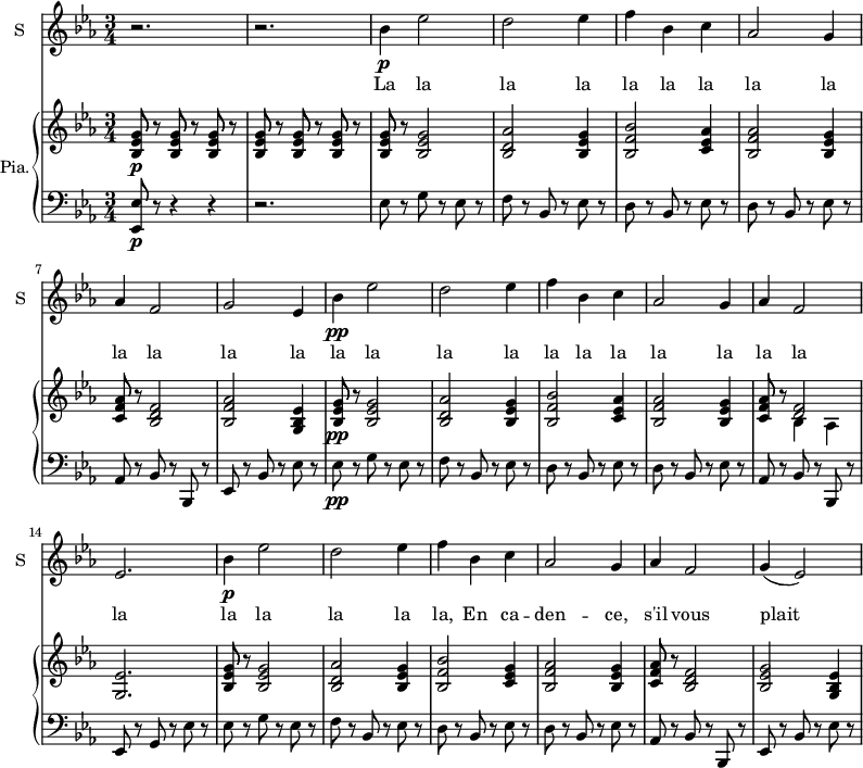 
<<
\new ChoirStaff <<
\new Staff \with {
  midiInstrument = #"Flute"
  instrumentName = #"S "
  shortInstrumentName = #"S "
 }  {
  \relative c'' { 
   \time 3/4 \key c \minor 
        r2. r2.
        bes4\p ees2
        d2 ees4
        f4 bes, c
        aes2 g4
        aes4 f2
        g2 ees4
        bes'4\pp ees2
        d2 ees4
        f4 bes, c
        aes2  g4
        aes4  f2
        ees2.
        bes'4\p  ees2
        d2 ees4
        f4 bes, c
        aes2 g4
        aes4 f2
        g4 (ees2)
  }  }
 \addlyrics { 
              La la la la la la la
              la la la la la la la
              la la la la la la la
             la la la la la la la la 
             la, En ca -- den -- ce,
              s'il vous  plait
            }

 >>
\new PianoStaff \with { instrumentName = #"Pia." } <<
      \new Staff \relative c'' { 
      \set Staff.midiMaximumVolume = #0.5
        \key c \minor  
        \time 3/4  
        <bes, ees g>8\p r \repeat unfold 5 { <bes ees g>8 r }
        <bes ees g>8 r <bes ees g>2 
        <bes d aes'>2 <bes ees g>4
        <bes f' bes>2 <c ees aes>4
        <bes f' aes>2 <bes ees g>4
        <c f aes>8 r <bes d f>2
        <bes f' aes>2 <g bes ees>4
        <bes ees g>8\pp r <bes ees g>2
        <bes d aes'>2 <bes ees g>4
        <bes f' bes>2 <c ees aes>4
        <bes f' aes>2 <bes ees g>4
        <c f aes>8 r << { <d f>2 } \\ {bes4 aes } >>
        <g ees'>2.
        <bes ees g>8 r <bes ees g>2 
        <bes d aes'>2 <bes ees g>4
        <bes f' bes>2 <c ees g>4
        <bes f' aes>2 <bes ees g>4
        <c f aes>8 r <bes d f>2
        <bes ees g>2 <g bes ees>4 
       }
      \new Staff \relative c { 
   
        \clef bass
        \key c \minor 
        \time 3/4  <ees, ees'>8\p r8 r4 r4
        r2.
        ees'8 r g r ees r
        f8 r bes, r ees r
        d8 r bes r ees r
        d8 r bes r ees r 
        aes,8 r bes r bes, r
        ees8 r bes' r ees r 
        ees8\pp r g r ees r
        f8 r bes, r ees r
        d8 r bes r ees r
        d8 r bes r ees r
        aes,8  r bes r bes, r
        ees8 r g r ees' r
        ees8 r g r ees r
        f8 r bes, r ees r
        d8 r bes  r ees r
        d8 r bes  r ees r
        aes,8 r bes r bes, r
        ees8 r bes' r ees r
       }

>>

>>
