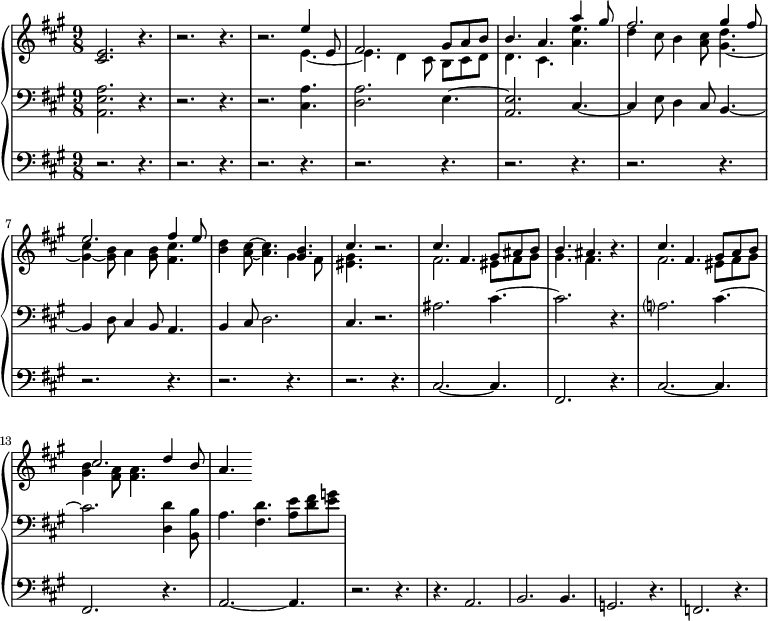 
<<
  \new PianoStaff <<
     \new Staff ="up" \with {
  midiInstrument = "church organ"
  }  \relative c' {
       \key a \major  \time 9/8
       <cis e>2. r4.
          r2. r4.
          r2. << { e'4 e,8 fis2. gis8 a b b4. a4. a'4 gis8}  
              \\ { e,4.~ e4. d4 cis8 b cis d d4. cis4. <a' e'>4.} >>
          << { fis'2. gis4 fis8
               e2. fis4 e8
             }
          \\
             { d4 cis8 b4 <a cis>8 <gis d'>4.~
               <gis cis>4~ <gis b>8 a4 <gis b>8 <fis cis'>4.
             } >>
           <b d>4 <a cis>8~ <a cis>4. 
        << { <gis b> 4. cis4.} \\ { gis4 fis8 <eis gis>4. } >> r2.
        << { cis'4. fis,4. gis8 ais b      b4. ais4. } \\ { fis2. eis8 fis gis      gis4.   fis4.  } >> r4.
        << { cis'4. fis,4. gis8 a b      cis2. d4 b8 } \\ { fis2. eis8 fis gis      <gis b>4  <fis a>8 <fis a>4.  } >>
        a4.
     }

     \new Staff = "down" \with {
  midiInstrument = "church organ"
  } \relative c {
        \clef bass
       \key a \major  \time 9/8 
          <a e' a>2. r4.
          r2. r4.
          r2. <cis a'>4.
          <d a'>2. e4.~ 
          <a, e'>2. cis4.~
          cis4 e8 d4 cis8 b4.~ 
          b4 d8 cis4 b8 a4.
          b4 cis8 d2.
          cis4. r2.
          ais'2. cis4.~ 
          cis2.  r4.
          a?2. cis4.~
          cis2. <d, d'>4 <b b'>8 
          a'4. < fis d'>4. <a e'>8  <d fis> <e g>  
     }
     \new Staff \with {
  midiInstrument = "church organ"
  } \relative c {
        \clef bass
       \key a \major  \time 9/8 
      r2. r4.
      r2. r4.
     r2. r4.
      r2. r4.
      r2. r4.
      r2. r4.
     r2. r4.
      r2. r4.
      r2. r4.
      cis2.~ cis4. 
     fis,2. r4.
     cis'2.~ cis4. 
     fis,2. r4.
     a2.~ a4.
      r2. r4.
     r4. a2.
     b2. b4.
     g2. r4.
     f2. r4.
 }
 >>
>>
