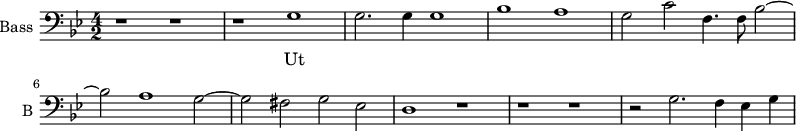 
\new Staff \with {
  midiInstrument = "voice oohs"
  shortInstrumentName = #"B "
  instrumentName = #"Bass "
  } {
  \clef bass \relative c' {  
   \time 4/2 \key g \minor 
        r1 r1
        r1 g
        g2. g4 g1
        bes1 a 
        g2 c f,4. f8  bes2~
        bes2 a1 g2~
        g2 fis2 g2 ees
        d1 r1
        r1 r1
        r2 g2. f4 ees g
  }  }
 \addlyrics { 
              Ut
            }
