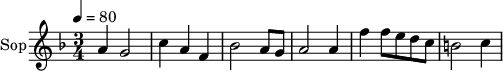 
\new Staff \with {
  midiInstrument = "choir aahs"
  instrumentName = #"Sop"
  shortInstrumentName = #"S"
  } {
  \relative c'' {  
   \tempo 4=80
   \time 3/4 \key f \major 
  a4 g2
  c4 a4 f4
  bes2 a8 g8
  a2 a4
  f'4 f8 e d c
  b2 c4
}}
