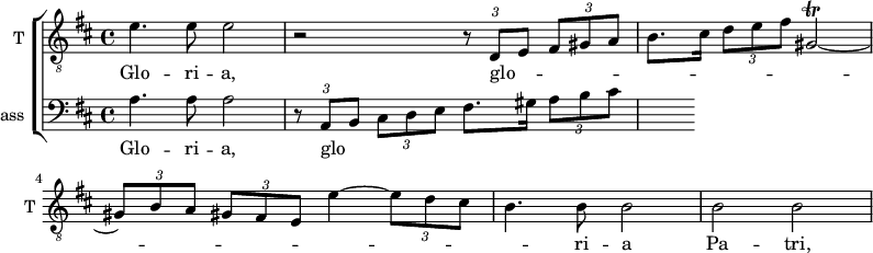 
<<
\new ChoirStaff <<
\new Staff \with {
  midiInstrument = "trumpet"
  shortInstrumentName = #"T "
  instrumentName = #"T "
  } {
   \relative c' {  
   \clef "treble_8"
   \time 4/4 \key d \major
   \override TupletBracket.bracket-visibility = ##f
	e4. e8 e2
        r2 \tuplet 3/2 { r8 d, e }  \tuplet 3/2 { fis8 gis a }
        b8. cis16 \tuplet 3/2 { d8 e fis } gis,2\trill~
        \tuplet 3/2 4 { gis8 b a  gis8 fis e } e'4~ \tuplet 3/2 { e8 d cis }
%5
	b4. b8 b2 |
	b2 b
 }  }
 \addlyrics { 
 Glo -- ri -- a,
        glo -- _ _ _ _ _ _ _ _ _ _ _ _ _ _ _ _ _ _ _ ri -- a Pa -- tri,
            }


\new Staff \with {
  midiInstrument = "violin"
  shortInstrumentName = #"B "
  instrumentName = #"Bass "
  } {
  \clef bass \relative c {  
   \time 4/4 \key d \major 
	\override TupletBracket.bracket-visibility = ##f
  \set Staff.midiMaximumVolume = #0.3
	a'4. a8 a2
        \tuplet 3/2 { r8 a, b }  \tuplet 3/2 { cis8 d e } fis8. gis16 \tuplet 3/2 { a8 b cis }
	
  }  }
 \addlyrics { 
              Glo -- ri -- a,
        glo -- _ _ _ _ _ _ _ _ _ _ _ _ _ _ _ _ _ _ _ _ _ ri -- a Pa -- tri,
            }


>>
>>
