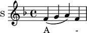 
\new Staff \with {
  midiInstrument = #"organ"
  instrumentName = #"S "
  shortInstrumentName = #"S "
  } {
  \relative c' {  
   \time 4/4 
       \key f \major
       f4 ( g a ) f
  }  }
 \addlyrics { 
              A - - ve
            }
