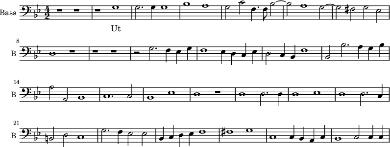 
\new Staff \with {
  midiInstrument = "voice oohs"
  shortInstrumentName = #"B "
  instrumentName = #"Bass "
  } {
  \clef bass \relative c' {  
   \time 4/2 \key g \minor 
        r1 r1
        r1 g
        g2. g4 g1
        bes1 a 
        g2 c f,4. f8  bes2~
        bes2 a1 g2~
        g2 fis2 g2 ees
        d1 r1
        r1 r1
        r2 g2. f4 ees g
        f1 ees4 d c ees
        d2 c4 bes f'1
        bes,2 bes'2. a4 g4 bes4
        a2 a,2 bes1
        c1. c2
        bes1 ees
        d1 r1
        d1 d2. d4
        d1 ees1
        d1 d2. c4
        b2 d2 c1
        g'2. f4 ees2 ees
        bes4 c d ees f1
        fis1 g
        c,1  c4 bes a c
        bes1 c2 c4 c4
  }  }
 \addlyrics { 
              Ut
            }

