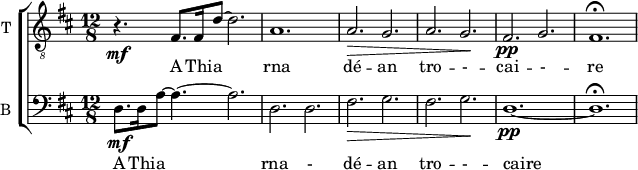 
<<
\new ChoirStaff <<
\new Staff \with {
  midiInstrument = "trumpet"
  shortInstrumentName = #"T "
  instrumentName = #"T "
 } 
  {                                    % ténor B
  \relative c { 
   \set Staff.midiMaximumVolume = #0.9
   \clef "treble_8"
   \time 12/8 \key d \major 
   \set Score.currentBarNumber = #31
       r4.\mf fis8. fis16 d'8~ d2.
    a1. 
     a2.\> g 
     a g\!  
     fis\pp g
      fis1.\fermata 
  }
}
\addlyrics {                 
A  Thi -- a rna   dé -- an tro -- - -- cai -- - -- re  
            }


\new Staff \with {

  midiInstrument = "violin"
  shortInstrumentName = #"B "
  instrumentName = #"B "
} {
  \relative c { 
   \set Staff.midiMaximumVolume = #0.9
    \clef bass \time 12/8 \key d \major 
     d8.\mf  d16 a'8~ a4.~ a2.
     d,2. d
     fis\> g
      fis g\!
      d1.~\pp d\fermata
}}
\addlyrics {  

A  Thi -- a rna  - dé -- an tro -- - -- caire 
}

>>
>>
