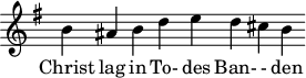 
\version "2.18.2"
\header {
  tagline = ##f
}
\score {
  \new Staff \with {
    \remove "Time_signature_engraver"
    \override Staff.TimeSignature.stencil = ##f

  }
<<
  \relative c'' {
    \key g \major
    \time 11/4
    \autoBeamOff

     %%% [[Antienne]] Vic- ti- mae pas- cha- li lau- des et choral
     
     b ais b d e d cis b

  }

  \addlyrics {
     Christ lag in To- des Ban- - den 
  }
>>
  \layout {
    \context {
      \remove "Metronome_mark_engraver"
    }
  }
  \midi {     \tempo 4 = 90 }
}
