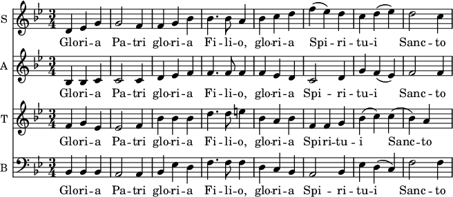 
<<
\new Staff \with {
  midiInstrument = "flute"
  instrumentName = #"S "
  shortInstrumentName = #"S "
  } {
  \relative c' {  
   \time 3/4  \key bes \major 
    d4 ees g
    g2 f4
    f4 g bes
    bes4. bes8 a4
    bes4 c d
    f4 (ees) d
    c4 d (ees)
    d2 c4
}}
 \addlyrics { 

             Glo -- ri -- a  Pa -- tri 
               glo -- ri -- a  Fi -- li -- o,
               glo -- ri -- a Spi -- ri -- tu -- i  Sanc -- to
}
\new Staff \with {
  midiInstrument = "clarinet"
  instrumentName = #"A "
  shortInstrumentName = #"A "
  } {
  \relative c' {  
   \time 3/4  \key bes \major 
    bes4 bes c
    c2 c4
    d4 ees f
    f4. f8 f4
    f4 ees d
    c2 d4
    g4 f (ees)
    f2 f4
}}
 \addlyrics { 

             Glo -- ri -- a  Pa -- tri 
               glo -- ri -- a  Fi -- li -- o,
               glo -- ri -- a Spi -- ri -- tu -- i  Sanc -- to
}

\new Staff \with {
  midiInstrument = "trumpet"
  shortInstrumentName = #"T "
  instrumentName = #"T "
  } {
  \relative c' {  
   \time 3/4 \key bes \major 
        f4 g ees
        ees2 f4
        bes4 bes bes
        d4. d8 e4
        bes4 a bes
        f4 f4
        g4 bes (c)
         c4 (bes) a
  }  }
 \addlyrics { 
               Glo -- ri -- a  Pa -- tri 
               glo -- ri -- a  Fi -- li -- o,
               glo -- ri -- a Spi -- ri -- tu -- i  Sanc -- to
            }

\new Staff \with {
  midiInstrument = "cello"
  shortInstrumentName = #"B "
  instrumentName = #"B "
  } {
  \clef bass \relative c {  
   \time 3/4 \key bes \major 
        bes4 bes bes
        a2 a4
        bes4 ees d
        f4. f8 f4
        d4 c bes
        a2 bes4
        ees4 d (c)
        f2 f4
        
  }  }
 \addlyrics { 
               Glo -- ri -- a  Pa -- tri 
               glo -- ri -- a  Fi -- li -- o,
               glo -- ri -- a Spi -- ri -- tu -- i  Sanc -- to

            }
>>
