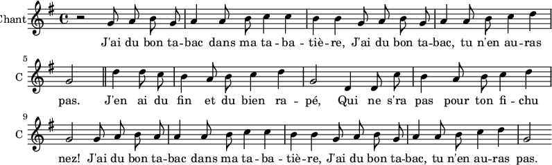 
\new ChoirStaff
\new Staff \with {
  midiInstrument = #"Flute"
  instrumentName = #"Chant"
  shortInstrumentName = #"C "
  } {
  \relative c'' {  
   \time 4/4 \key g \major 
    \autoBeamOff
        r2
        g8 a8 b8 g8
        a4 a8 b8 c4 c4 
        b4 b4 g8 a8 b8 g8
        a4 a8 b8 c4 d4 \break
        g,2 \bar "||" d'4 d8 c8
        b4 a8 b8 c4 d4
        g,2 d4 d8 c'8
        b4 a8 b8 c4 d4 \break
        g,2 g8 a8 b8 a8
        a4 a8 b8 c4 c4
        b4 b4 g8 a8 b8 g8
        a4 a8 b8 c4 d4 
        g,2              
  }  } 
\addlyrics { 
              J'ai du bon ta -- bac dans ma ta -- ba -- tiè -- re,
              J'ai du bon ta -- bac, tu n'en au -- ras pas.
              J'en ai du fin et du bien ra -- pé, 
              Qui ne s'ra pas pour ton fi -- chu nez! 
              J'ai du bon ta -- bac dans ma ta -- ba -- tiè -- re,
              J'ai du bon ta -- bac, tu n'en au -- ras pas.
            }
