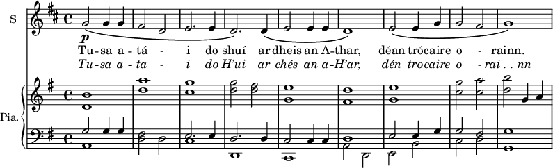 
<<
\new ChoirStaff <<
\new Staff \with {
  midiInstrument = #"Flute"
  instrumentName = #"S "
  shortInstrumentName = #"S "
 }  {
  \relative c'' { 
      \set Score.currentBarNumber = #56
   \time 4/4 \key d \major 
       g2\p\( g4 g 
       fis2 d
       e2. e4
       d2.\)  d4\(
       e2 e4 e
       d1\)
       e2\( e4 g
       g2 fis
       g1\)
  }  }
 \addlyrics { 
             Tu -- sa a -- tá  - i do shuí ar dheis an A -- thar, déan tró -- caire o -  rainn.
            }
\addlyrics {  \override LyricText.font-shape = #'italic
              Tu -- sa a -- ta  - i do H’ui ar chés an a -- H’ar, dén tro -- caire o  - rai_._._nn 
            }
 >>

    \new PianoStaff \with { instrumentName = #"Pia." } <<
      \new Staff \relative c' { 

      \time 4/4 

    \key g \major <d b'>1
         <d' a'>
         <c g'>
         <d g>2 <d fis>
         <g, e'>1 
         <fis d'>
         <g e'>1 
         <c g'>2 <c a'>
         <d b'> g,4 a


     }

     \new Staff \relative c { 
        \clef bass

    \key g \major << { g'2 g4 g } \\ {a,1 } >>
         <d fis>2 d
         << { e2. e4 } \\ {c1 } >> 
         << { d2. d4 } \\ {d,1 } >> 
         << { c'2 c4 c } \\ {c,1 } >>
         << { d'1  } \\ {a2 d, } >> 
         << { e'2 e4 g   } \\ {e,2 b' } >> 
         << { g'2 fis  } \\ {c d  } >> 
         < g, g'>1
     }
>>
>>
