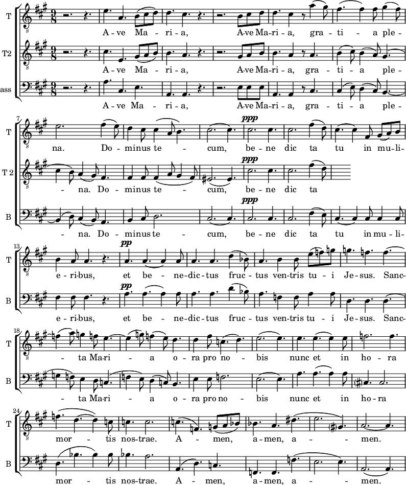 <<
\new ChoirStaff <<
\new Staff \with {
midiInstrument = "trumpet"
shortInstrumentName = #"T "
instrumentName = #"T "
} {
\relative c' {
\clef "treble_8"
\time 9/8 \key a \major
r2. r4.
e4. a,4. b8 (cis d)
d4. cis4. r4.
r2. b8 cis d
d4. cis4 r8 a'4 (gis8)
fis4. (fis4) fis8 gis4 (fis8)
e2. fis4 (e8)
d4 cis8 cis4 ( a8 b4.)
cis2. (cis4.)
cis2. ^\ppp cis4.
cis2. fis4 (d8)
cis4. (cis4) fis,8 gis8 (a8) b8
b4 a8 a4. r4.
a4. ^\pp a4. (a4) a8
a4. a4. d4 (bes8)
a4. b4 b8 e8 (f) g
g4. f4. f4.~
f4 (a8) g4 f8 e4.~e4 (g8) f4 (e8) d4.
d4 fis8 c4. (d4.)
e2. (e4.)
e4. e4. (e4) e8
f2. f4.
f4. (d4.~ d4) c8
c4. c2.
c4. (f,4.) g8 (a bes)
bes4. a4. dis4.
(e2. gis,?4.)
a2.~ a4.
} }
\addlyrics {
A -- ve Ma -- ri -- a,
A -- ve Ma -- ri -- a, gra -- ti -- a ple -- na.
Do -- mi -- nus te -- cum,
be -- ne dic ta tu in mu -- li -- e -- ri -- bus,
et be -- ne -- dic -- tus fruc -- tus ven -- tris tu -- i Je -- sus.
Sanc -- ta Ma -- ri -- a
o -- ra pro no -- bis
nunc et in ho -- ra mor -- tis nos -- trae. A -- men, a -- men, a -- men.
}
\new Staff \with {
midiInstrument = "trumpet"
shortInstrumentName = #"T 2"
instrumentName = #"T2 "
} {
\relative c' {
\clef "treble_8"
\time 9/8 \key a \major
r2. r4.
cis4. e,4. gis8 (a b)
b4. a4. r4.
r2. gis8 a b
b4. a4 r8 a4.
b4 (cis8) b4 (a8) gis4.
( cis4 b8) a4 (gis8) fis4.
fis4 fis8 fis4 (a8 gis4 fis8)
eis2. ( eis4. )
cis'2. ^\ppp cis4.
cis2. fis4 (d8)
} }
\addlyrics {
A -- ve Ma -- ri -- a,
A -- ve Ma -- ri -- a, gra -- ti -- a ple -- na.
Do -- mi -- nus te -- cum,
be -- ne dic ta tu in mu -- li -- e -- ri -- bus,
et be -- ne -- dic -- tus fruc -- tus ven -- tris tu -- i Je -- sus.
Sanc -- ta Ma -- ri -- a
o -- ra pro no -- bis
nunc et in ho -- ra mor -- tis nos -- trae. A -- men, a -- men, a -- men.
}
\new Staff \with {
midiInstrument = "voice oohs"
shortInstrumentName = #"B "
instrumentName = #"Bass "
} {
\clef bass \relative c' {
\time 9/8 \key a \major
r2. r4.
a4. cis,4. e4.
a,4. a4. r4.
r2. e'8 e e
a,4. a4 r8 cis4.
cis4 (e8) d4 (cis8) b4.~
b4 (d8) cis4 (b8) a4.
b4 cis8 d2.
cis2. (cis4.)
cis2. ^\ppp cis4.
cis2. fis4 (e8)
cis4. (cis4) cis8 cis4 cis8
fis4 fis8 fis 4. r4.
a4. ^\pp a4. (a4) a8
a4. a4. d4 (bes8)
a4. f4 f8 a4 a8
d,4. d4. d4.
(g4 f8) e4 d8 c4.
(f4 e8) d4 (c8) b4.
e4 e8 f2.
e2. (e4.)
a4. a4. (a4) a8
cis,?4. cis2.
d4. ( bes'4. bes4) bes8
bes4. a2.
a,4. ( d4.) c4.
f,4. f4. f'4.
(e2. e4.)
a,2. (a4.)
} }
\addlyrics {
A -- ve Ma -- ri -- a,
A -- ve Ma -- ri -- a, gra -- ti -- a ple -- na.
Do -- mi -- nus te -- cum,
be -- ne dic ta tu in mu -- li -- e -- ri -- bus,
et be -- ne -- dic -- tus fruc -- tus ven -- tris tu -- i Je -- sus.
Sanc -- ta Ma -- ri -- a
o -- ra pro no -- bis
nunc et in ho -- ra mor -- tis nos -- trae. A -- men, a -- men, a -- men.
}
>>
>>
