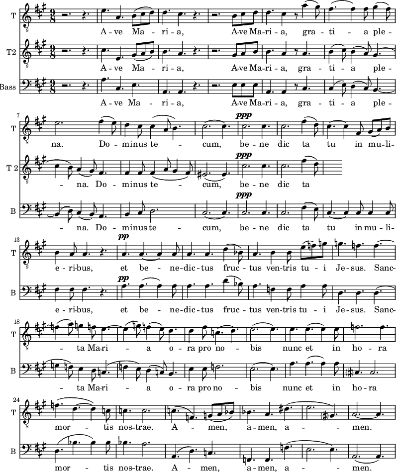 <<
\new Staff \with {
midiInstrument = "trumpet"
shortInstrumentName = #"T "
instrumentName = #"T "
} {
\relative c' {
\clef "treble_8"
\time 9/8 \key a \major
r2. r4.
e4. a,4. b8 (cis d)
d4. cis4. r4.
r2. b8 cis d
d4. cis4 r8 a'4 (gis8)
fis4. (fis4) fis8 gis4 (fis8)
e2. fis4 (e8)
d4 cis8 cis4 ( a8 b4.)
cis2. (cis4.)
cis2. ^\ppp cis4.
cis2. fis4 (d8)
cis4. (cis4) fis,8 gis8 (a8) b8
b4 a8 a4. r4.
a4. ^\pp a4. (a4) a8
a4. a4. d4 (bes8)
a4. b4 b8 e8 (f) g
g4. f4. f4.~
f4 (a8) g4 f8 e4.~e4 (g8) f4 (e8) d4.
d4 fis8 c4. (d4.)
e2. (e4.)
e4. e4. (e4) e8
f2. f4.
f4. (d4.~ d4) c8
c4. c2.
c4. (f,4.) g8 (a bes)
bes4. a4. dis4.
(e2. gis,?4.)
a2.~ a4.
} }
\addlyrics {
A -- ve Ma -- ri -- a,
A -- ve Ma -- ri -- a, gra -- ti -- a ple -- na.
Do -- mi -- nus te -- cum,
be -- ne dic ta tu in mu -- li -- e -- ri -- bus,
et be -- ne -- dic -- tus fruc -- tus ven -- tris tu -- i Je -- sus.
Sanc -- ta Ma -- ri -- a
o -- ra pro no -- bis
nunc et in ho -- ra mor -- tis nos -- trae. A -- men, a -- men, a -- men.
}
\new Staff \with {
midiInstrument = "trumpet"
shortInstrumentName = #"T 2"
instrumentName = #"T2 "
} {
\relative c' {
\clef "treble_8"
\time 9/8 \key a \major
r2. r4.
cis4. e,4. gis8 (a b)
b4. a4. r4.
r2. gis8 a b
b4. a4 r8 a4.
b4 (cis8) b4 (a8) gis4.
( cis4 b8) a4 (gis8) fis4.
fis4 fis8 fis4 (a8 gis4 fis8)
eis2. ( eis4. )
cis'2. ^\ppp cis4.
cis2. fis4 (d8)
} }
\addlyrics {
A -- ve Ma -- ri -- a,
A -- ve Ma -- ri -- a, gra -- ti -- a ple -- na.
Do -- mi -- nus te -- cum,
be -- ne dic ta tu in mu -- li -- e -- ri -- bus,
et be -- ne -- dic -- tus fruc -- tus ven -- tris tu -- i Je -- sus.
Sanc -- ta Ma -- ri -- a
o -- ra pro no -- bis
nunc et in ho -- ra mor -- tis nos -- trae. A -- men, a -- men, a -- men.
}
\new Staff \with {
midiInstrument = "voice oohs"
shortInstrumentName = #"B "
instrumentName = #"Bass "
} {
\clef bass \relative c' {
\time 9/8 \key a \major
r2. r4.
a4. cis,4. e4.
a,4. a4. r4.
r2. e'8 e e
a,4. a4 r8 cis4.
cis4 (e8) d4 (cis8) b4.~
b4 (d8) cis4 (b8) a4.
b4 cis8 d2.
cis2. (cis4.)
cis2. ^\ppp cis4.
cis2. fis4 (e8)
cis4. (cis4) cis8 cis4 cis8
fis4 fis8 fis 4. r4.
a4. ^\pp a4. (a4) a8
a4. a4. d4 (bes8)
a4. f4 f8 a4 a8
d,4. d4. d4.
(g4 f8) e4 d8 c4.
(f4 e8) d4 (c8) b4.
e4 e8 f2.
e2. (e4.)
a4. a4. (a4) a8
cis,?4. cis2.
d4. ( bes'4. bes4) bes8
bes4. a2.
a,4. ( d4.) c4.
f,4. f4. f'4.
(e2. e4.)
a,2. (a4.)
} }
\addlyrics {
A -- ve Ma -- ri -- a,
A -- ve Ma -- ri -- a, gra -- ti -- a ple -- na.
Do -- mi -- nus te -- cum,
be -- ne dic ta tu in mu -- li -- e -- ri -- bus,
et be -- ne -- dic -- tus fruc -- tus ven -- tris tu -- i Je -- sus.
Sanc -- ta Ma -- ri -- a
o -- ra pro no -- bis
nunc et in ho -- ra mor -- tis nos -- trae. A -- men, a -- men, a -- men.
}
>>