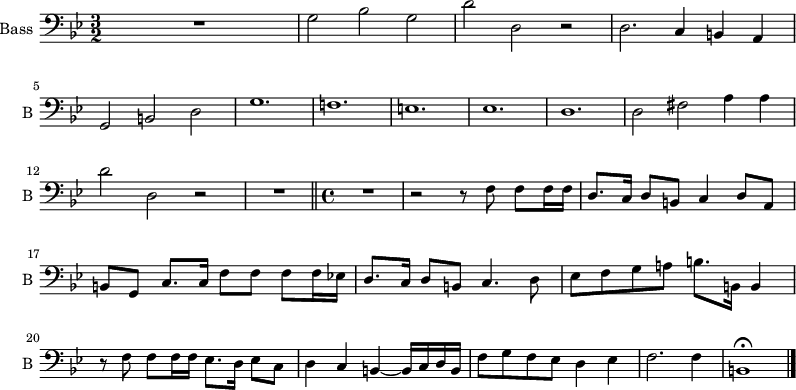 
\new Staff \with {
  midiInstrument = "cello"
  shortInstrumentName = #"B "
  instrumentName = #"Bass "
  } {
  \clef bass \relative c' {  
   \time 3/2 \key g \minor 
 R1.
   g2 bes g
    d' d, r
    d2. c4 b a
    g2 b d %5
    g1.
    f!
    e
    es
    d %10
    d2 fis a4 a
    d2 d, r \noBreak
    R1.\fermata \bar "||"
    \time 4/4 
      R1 \noBreak
    r2 r8 f f f16 f %15
    d8. c16 d8 b c4 d8[ a]
    b[ g] c8. c16 f8 f f f16 es!
    d8. c16 d8 b c4. d8
    es8[ f g a!] b8. b,16 b4
    r8 f' f f16 f es8. d16 es8 c %20
    d4 c b~ b16[ c d b]
    f'8[ g f es] d4 es
    f2. f4
    b,1\fermata \bar "|." %24 finis
  }  }
 \addlyrics { 

            }
