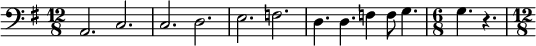 
<<
\new Staff \with {
  midiInstrument = "violin"
 } 
  {
  \relative c { 
   \time 12/8 \key g \major 
    \clef bass 
   a2. c
   c d
   e f
   d4. d   f4 f8 g4.
   \time 6/8  g4.r4.
\time 12/8 

  }
}
>>
