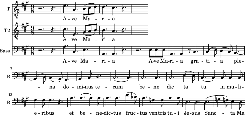 
<<

\new Staff \with {
  midiInstrument = "trumpet"
  shortInstrumentName = #"T "
  instrumentName = #"T "
  } {
  \relative c' {  
   \clef "treble_8"
   \time 9/8 \key a \major 
        r2. r4.
        e4. a,4. b8 (cis d)
        d4. cis4. r4.
  }  }
 \addlyrics { 
             A -- ve Ma -- ri -- a 
             A -- ve Ma -- ri -- a 
            }

\new Staff \with {
  midiInstrument = "trumpet"
  shortInstrumentName = #"T2 "
  instrumentName = #"T2 "
  } {
  \relative c' {  
   \clef "treble_8"
   \time 9/8 \key a \major 
        r2. r4.
        cis4. e,4. gis8 (a b)
        b4. a4. r4.
  }  }
 \addlyrics { 
             A -- ve Ma -- ri -- a 
             A -- ve Ma -- ri -- a 
            }

\new Staff \with {
  midiInstrument = "voice oohs"
  shortInstrumentName = #"B "
  instrumentName = #"Bass "
  } {
  \clef bass \relative c' {  
   \time 9/8 \key a \major 
        r2. r4.
        a4. cis,4. e4. 
        a,4. a4. r4. 
        r2. e'8 e e
        a,4. a4 r8 cis4.
        cis4 (e8) d4 (cis8) b4.~
        b4 (d8) cis4 (b8) a4.
        b4 cis8 d2.
        cis2. (cis4.)
        cis2. cis4.
        cis2. fis4 (e8)
        cis4. (cis4) cis8 cis4 cis8 
        fis4 fis8 fis 4. r4.
        a4. a4. (a4) a8
        a4. a4. d4 (bes8)
        a4. f4 f8 a4 a8
        d,4. d4. d4.
        (g4 f8)  e4 d8 
  }  }
 \addlyrics { 
              A -- ve Ma -- ri -- a 
              A -- ve Ma -- ri -- a 
              gra -- ti -- a ple -- na
              do -- mi -- nus te -- cum
               be -- ne dic ta tu in mu -- li -- e -- ri -- bus
              et be -- ne -- dic -- tus fruc -- tus ven -- tris tu -- i Je -- sus
              Sanc -- ta Ma -- ri -- a
            }
>>
