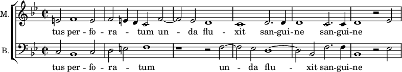 
<<
\new ChoirStaff <<
\new Staff \with {
  midiInstrument = "reed organ"
  shortInstrumentName = #"M"
  instrumentName = #"M."
  } {
\relative c'
	{
        \key bes \major
	\time 2/2 \set Score.measureLength = #(ly:make-moment 2 1)
        \clef "treble"
	 e2 f1 e2
	 f2 e4 d c2 f~
	 f2 es d1
	 c1 d2. d4
	 d1 c2. c4
	 d1 r2 es~
  }

\addlyrics { 

	 tus per -- fo -- ra -- _ _ tum un -- da flu -- xit san -- gui -- ne san -- gui -- ne
}}

\new Staff \with {
  midiInstrument = "trumpet"
  shortInstrumentName = #"B."
  instrumentName = #"B."
  } {

\relative c
	{
        \key bes \major
	\time 2/2 \set Score.measureLength = #(ly:make-moment 2 1)
        \clef "bass" 

	c2 bes1 c2
	d2 e f1
	r1 r2 f~
	f2 es d1~
d2 bes f'2. f4
	bes,1 r2 es
}
\addlyrics { 

	 tus per -- fo -- ra -- _ tum un -- da flu -- xit san -- gui -- ne
}

}
>>
>>
