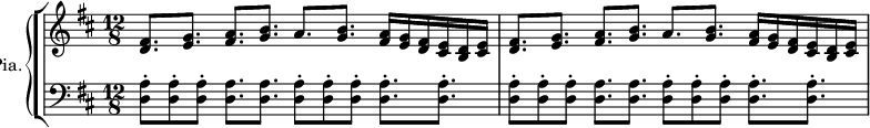 

\new ChoirStaff <<

    \new PianoStaff \with { instrumentName = #"Pia."  shortInstrumentName = #"P"} <<
      \new Staff ="up" \relative c' { 
        \time 12/8 \key d \major 

         <d fis>8. <e g> <fis a> <g b> a <g b> <fis a>16 <e g> <d fis> <cis e> <b d> <cis e>
         <d fis>8. <e g> <fis a> <g b> a <g b> <fis a>16 <e g> <d fis> <cis e> <b d> <cis e>
 
      }
      \new Staff \relative c { 
        \clef bass
        \key d \major 
         <d a'>8\staccato <d a'>8\staccato <d a'>8\staccato  <d a'>8. <d a'>8.
              <d a'>8\staccato <d a'>8\staccato <d a'>8\staccato  <d a'>8.\staccato <d a'>8.\staccato
         <d a'>8\staccato <d a'>8\staccato <d a'>8\staccato  <d a'>8. <d a'>8.
              <d a'>8\staccato <d a'>8\staccato <d a'>8\staccato  <d a'>8.\staccato <d a'>8.\staccato    
       } 
>> >>
