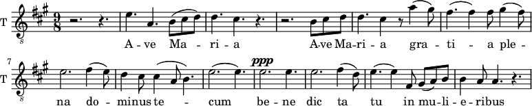 
\new Staff \with {
  midiInstrument = "trumpet"
  shortInstrumentName = #"T "
  instrumentName = #"T "
  } {
  \relative c' {  
   \clef "treble_8"
   \time 9/8 \key a \major 
        r2. r4.
        e4. a,4. b8 (cis d)
        d4. cis4. r4.
        r2. b8 cis d
        d4. cis4 r8 a'4 (gis8)
        fis4. (fis4) fis8 gis4 (fis8)
        e2.   fis4 (e8)
        d4 cis8 cis4 ( a8 b4.)
        e2. (e4.)
        e2. ^\ppp e4.
        e2.  fis4 (d8)
        e4. (e4) fis,8 gis8 (a8) b8
        b4 a8 a4. r4.
  }  }
 \addlyrics { 
             A -- ve Ma -- ri -- a 
             A -- ve Ma -- ri -- a 
            gra -- ti -- a ple -- na
              do -- mi -- nus te -- cum
               be -- ne dic ta tu in mu -- li -- e -- ri -- bus
              et be -- ne -- dic -- tus fruc -- tus ven -- tris tu -- i Je -- sus
              Sanc -- ta Ma -- ri -- a
              o -- ra pro no -- bis
              ninc et in ho -- ra mor -- tis nos -- trae  A -- men a -- men a -- men
            }
