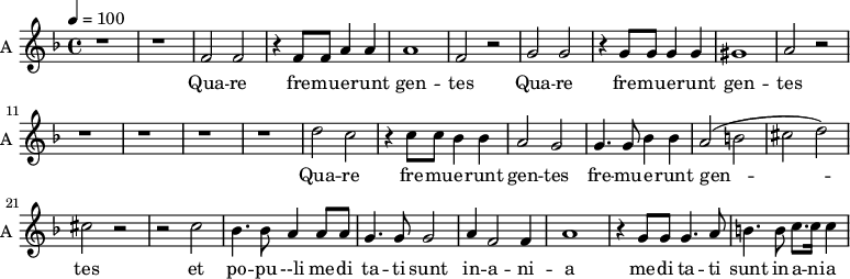
<<
\new Staff \with {
  midiInstrument = "clarinet"
  instrumentName = #"A "
  shortInstrumentName = #"A "
  } {
  \relative c' {  
   \time 4/4 \key f \major 
  \tempo 4 = 100
 \set Staff.midiMinimumVolume = #0.5
        \set Staff.midiMaximumVolume = #0.9
        r1 r
        f2 f2
        r4 f8 f a4 a
        a1
        f2 r
        g2 g
        r4 g8 g g4 g
        gis1
        a2 r2
        r1 r r r
        d2 c
        r4 c8 c bes4 bes
        a2 g2
        g4. g8 bes4 bes
        a2 ( b cis d )
        cis2 r

    

    r2 c
    bes4. bes8 a4 a8 a8
    g4. g8 g2
    a4 f2 f4 a1
    r4 g8 g g4. a8
    b4. b8 c8. c16 c4 
         
  }  }
 \addlyrics { 
              Qua -- re fre --  mu -- e -- runt gen -- tes
             Qua -- re fre --  mu -- e -- runt gen -- tes
             Qua -- re fre --  mu -- e -- runt gen -- tes
             fre --  mu -- e -- runt gen -- tes
             et po -- pu --li me -- di  ta -- ti sunt in -- a -- ni -- a
             me -- di  ta -- ti sunt in -- a -- ni -- a
               Qua -- re     Qua -- re 
            }

>>
