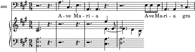 
<<
\new Staff \with {
  midiInstrument = "cello"
  shortInstrumentName = #"B "
  instrumentName = #"Bass "
  } {
  \clef bass \relative c' {  
   \time 9/8 \key a \major 
        r2. r4.
        a4. cis,4. e4. 
        a,4. a4. r4. 
        r2. e'8 e e
        a,4. a4 r8 cis4.
     } }
 \addlyrics { 
              A -- ve Ma -- ri -- a 
              A -- ve Ma -- ri -- a 
              gra -- ti -- a ple -- na
  }

 \new PianoStaff <<
     \new Staff  \with {
  midiInstrument = "church organ"
  }  \relative c' {
       \key a \major  \time 9/8
       <cis e>2. r4.
          r2. r4.
          r2. << { e'4 e,8 fis2. }  \\ { e4.~ e4. d4 cis8 } >>
     }
     \new Staff \with {
  midiInstrument = "church organ"
  } \relative c {
        \clef bass
       \key a \major  \time 9/8 
          <a e' a>2. r4.
          r2. r4.
          r2. <cis a'>4.
          <d a'>2. 
 
     }
 >>
>>
