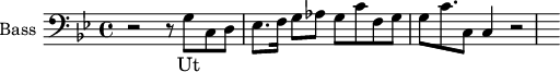 \new Staff \with {
midiInstrument = "voice oohs"
shortInstrumentName = #"B "
instrumentName = #"Bass "
} {
\clef bass \relative c' {
\time 4/4 \key g \minor
r2 r8 g c, d
ees8. f16 g8 aes g c f, g8 g
c8. c,8 c4 r2
} }
\addlyrics {
Ut
}