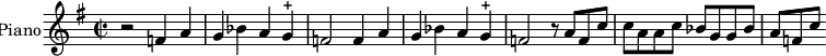 
\new Staff \with {
  midiInstrument = #"Piano"
  instrumentName = #"Piano"
  shortInstrumentName = #"C "
  } {
  \relative c' {  
   \time 2/2 \key g \major
    r2 f4 a
    g bes a g-+
    f2 f4 a
    g bes a g-+
    f2 r8 {a8[f c']}   
    {c8[a a c]} {bes8[g g bes]}
    {a8[f c']}
}  }
