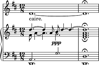 
<<
\new ChoirStaff <<
\new Staff \with {
  midiInstrument = #"Flute"
 } 
  {                                    % soprano C
  \relative c' { 
   \set Staff.midiMaximumVolume = #0.9
   \time 12/8 \key d \major 
   \set Score.currentBarNumber = #40
   d1.~ d1.\fermata
  }
  \addlyrics {
            caire.
            }
} >>
   \new PianoStaff <<
      \new Staff \relative c' { 
        \set Score.currentBarNumber = #27
       \set Staff.midiMaximumVolume = #0.7
        \key d \major 
        \time 12/8
                  <<  {d'4.~  d4 a8 b\ppp  d4~ d4.~} \\ {fis,8 a4~ a4. g2.} >>
          << {d'1.\fermata } \\ {<d, fis a>1.\fermata}>>
       } 
      \new Staff \relative c { 
      \set Staff.midiMaximumVolume = #0.8
        \clef bass
        \key d \major 
                   << {a2. g'2.}  \\ {d,1. } >>
          <d  d'>1. \fermata
  }
  >>

>>
