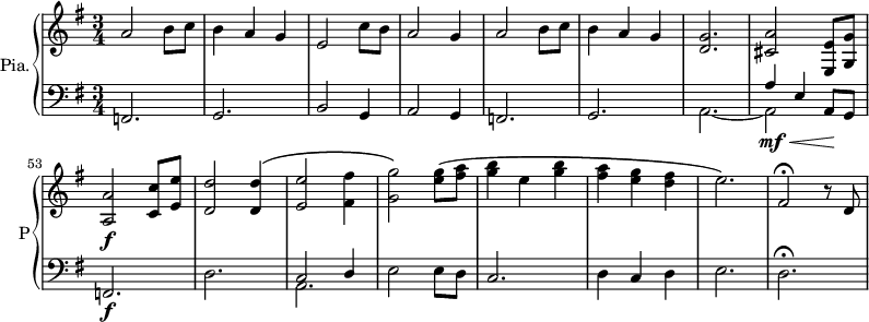 
<<
    \new PianoStaff  \with { instrumentName = #"Pia." shortInstrumentName = #"P"} <<
      \new Staff ="up" \relative c'' { 
      \set Score.currentBarNumber = #45
        \time 3/4 \key g \major 
           a2 b8 c
           b4 a g
           e2 c'8  b
           a2 g4
           a2 b8 c
           b4 a g
           <d g>2. 
           <cis a'>2 <e, e'>8 <g  g'>
           <a a'>2\f <c c'>8 <e e'>
           <d d'>2 <d d'>4\(
           <e e'>2 <fis fis'>4 
           <g g'>2\) <e' g>8\( <fis a>
           <g b>4 e <g b>
           <fis a>4  <e g> <d fis>
           e2.\)
           fis,2\fermata r8 d
     
      }

      \new Staff \relative c { 
        \clef bass
        \key g \major 
         f,2.
         g2. 
         b2 g4
         a2 g4
         f2. 
         g2.
         << { s2. a'4 e a,8 g } \\ {a2.~ a2\mf\< s4\!} >>
         f2.\f
         d'2. 
         << {c2 d4 } \\ { a2. } >>
         e'2  e8 d 
         c2.
         d4 c d
         e2.
         d2.\fermata
       } 
    >>

>>
