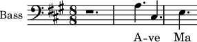 \new Staff \with {
midiInstrument = "voice oohs"
shortInstrumentName = #"B "
instrumentName = #"Bass "
} {
\clef bass \relative c' {
\time 8/8 \key a \major
r1.
a4. cis,4. e4.
} }
\addlyrics {
A -- ve Ma -- ri -- a
}