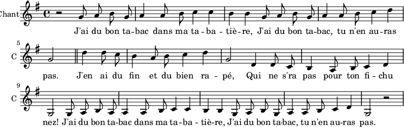 
\new ChoirStaff
\new Staff \with {
  midiInstrument = #"Flute"
  instrumentName = #"Chant"
  shortInstrumentName = #"C "
  } {
  \relative c'' {  
   \time 4/4 \key g \major 
    \autoBeamOff
        r2
        g8 a8 b8 g8
        a4 a8 b8 c4 c4 
        b4 b4 g8 a8 b8 g8
        a4 a8 b8 c4 d4 \break
        g,2 \bar "||" d'4 d8 c8
        b4 a8 b8 c4 d4
        g,2 d4 d8 c8
        b4 a8 b8 c4 d4 \break
        g,2 g8 a8 b8 a8
        a4 a8 b8 c4 c4
        b4 b4 g8 a8 b8 g8
        a4 a8 b8 c4 d4 
        g,2 r2             
  }  } 
\addlyrics { 
              J'ai du bon ta -- bac dans ma ta -- ba -- tiè -- re,
              J'ai du bon ta -- bac, tu n'en au -- ras pas.
              J'en ai du fin et du bien ra -- pé, 
              Qui ne s'ra pas pour ton fi -- chu nez! 
              J'ai du bon ta -- bac dans ma ta -- ba -- tiè -- re,
              J'ai du bon ta -- bac, tu n'en au -- ras pas.
            }
