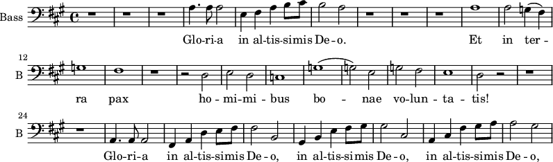
\new Staff \with {
  midiInstrument = "cello"
  shortInstrumentName = #"B "
  instrumentName = #"Bass "
  } {
  \clef bass \relative c' {  
   \time 4/4 \key a \major 
        r1 r r
        a4. a8 a2
        e4 fis a b8 cis
        b2 a
        r1 r r
        a1 a2 g4 (fis) 
        g1
        fis1
        r1
        r2 d
        e2 d 
        c1 
        g'1 (g2) e 
        g2 fis e1 d2 r2

         r1 r1
         a4. a8 a2
         fis4 a d e8 fis
         fis2 b,2
        
         gis4 b e fis8 gis
         gis2 cis,2

         a4 cis fis gis8 a
         a2 gis
         
     
        
  }  }
 \addlyrics { 
             Glo -- ri -- a 
             in al -- tis -- si -- mis De -- o.
             Et in ter -- ra pax ho -- mi -- mi -- bus
            bo -- nae vo -- lun -- ta -- tis! 
         Glo -- ri -- a 
             in al -- tis -- si -- mis De -- o,
            in al -- tis -- si -- mis De -- o,
            in al -- tis -- si -- mis De -- o,
            }
