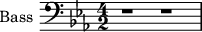 
\new Staff \with {
  midiInstrument = "voice oohs"
  shortInstrumentName = #"B "
  instrumentName = #"Bass "
  } {
  \clef bass \relative c {  
   \time 4/2 \key c \minor 
        r1 r1

  }  }
 \addlyrics { 
              a -- b
            }
