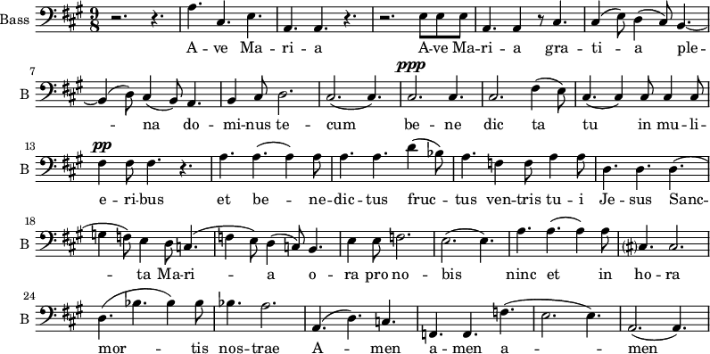 
\new Staff \with {
  midiInstrument = "voice oohs"
  shortInstrumentName = #"B "
  instrumentName = #"Bass "
  } {
  \clef bass \relative c' {  
   \time 9/8 \key a \major 
        r2. r4.
        a4. cis,4. e4. 
        a,4. a4. r4. 
        r2. e'8 e e
        a,4. a4 r8 cis4.
        cis4 (e8) d4 (cis8) b4.~
        b4 (d8) cis4 (b8) a4.
        b4 cis8 d2.
        cis2. (cis4.)
        cis2. ^\ppp  cis4.
        cis2. fis4 (e8)
        cis4. (cis4) cis8 cis4 cis8 
        fis4 ^\pp fis8 fis 4. r4.
        a4. a4. (a4) a8
        a4. a4. d4 (bes8)
        a4. f4 f8 a4 a8
        d,4. d4. d4.
        (g4 f8)  e4 d8 c4.
        (f4 e8) d4  (c8) b4.
        e4 e8 f2.
        e2. (e4.)
       a4. a4. (a4) a8
       cis,?4. cis2.
       d4. ( bes'4. bes4) bes8
       bes4. a2.
      a,4. ( d4.) c4.
      f,4. f4. f'4. 
      (e2. e4.)
      a,2. (a4.)
  }  }
 \addlyrics { 
              A -- ve Ma -- ri -- a 
              A -- ve Ma -- ri -- a 
              gra -- ti -- a ple -- na
              do -- mi -- nus te -- cum
               be -- ne dic ta tu in mu -- li -- e -- ri -- bus
              et be -- ne -- dic -- tus fruc -- tus ven -- tris tu -- i Je -- sus
              Sanc -- ta Ma -- ri -- a
              o -- ra pro no -- bis
              ninc et in ho -- ra mor -- tis nos -- trae  A -- men a -- men a -- men
            }
