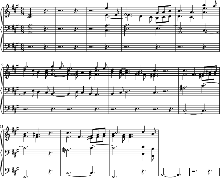 
<<
  \new PianoStaff <<
     \new Staff ="up" \with {
  midiInstrument = "church organ"
  }  \relative c' {
       \key a \major  \time 9/8
       <cis e>2. r4.
          r2. r4.
          r2. << { e'4 e,8 fis2. gis8 a b b4. a4. a'4 gis8}  
              \\ { e,4.~ e4. d4 cis8 b cis d d4. cis4. <a' e'>4.} >>
          << { fis'2. gis4 fis8
               e2. fis4 e8
             }
          \\
             { d4 cis8 b4 <a cis>8 <gis d'>4.~
               <gis cis>4~ <gis b>8 a4 <gis b>8 <fis cis'>4.
             } >>
           <b d>4 <a cis>8~ <a cis>4. 
        << { <gis b> 4. cis4.} \\ { gis4 fis8 <eis gis>4. } >> r2.
        << { cis'4. fis,4. gis8 ais b      b4. ais4. } \\ { fis2. eis8 fis gis      gis4.   fis4.  } >> r4.
        << { cis'4. fis,4. gis8 a b      cis2. d4 b8 } \\ { fis2. eis8 fis gis      <gis b>4  <fis a>8 <fis a>4.  } >>
     }

     \new Staff = "down" \with {
  midiInstrument = "church organ"
  } \relative c {
        \clef bass
       \key a \major  \time 9/8 
          <a e' a>2. r4.
          r2. r4.
          r2. <cis a'>4.
          <d a'>2. e4.~ 
          <a, e'>2. cis4.~
          cis4 e8 d4 cis8 b4.~ 
          b4 d8 cis4 b8 a4.
          b4 cis8 d2.
          cis4. r2.
          ais'2. cis4.~ 
          cis2.  r4.
          a?2. cis4.~
          cis2. <d, d'>4 <b b'>8 
     }
     \new Staff \with {
  midiInstrument = "church organ"
  } \relative c {
        \clef bass
       \key a \major  \time 9/8 
      r2. r4.
      r2. r4.
     r2. r4.
      r2. r4.
      r2. r4.
      r2. r4.
     r2. r4.
      r2. r4.
      r2. r4.
      cis2.~ cis4. 
     fis,2. r4.
     cis'2.~ cis4. 
     fis,2. r4.
     a2.~ a4.
      r2. r4.
 }
 >>
>>
