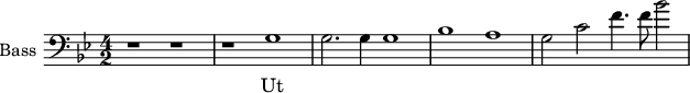 
\new Staff \with {
  midiInstrument = "voice oohs"
  shortInstrumentName = #"B "
  instrumentName = #"Bass "
  } {
  \clef bass \relative c' {  
   \time 4/2 \key g \minor 
        r1 r1
        r1 g
        g2. g4 g1
        bes1 a 
        g2 c f4. f8  bes2~
  }  }
 \addlyrics { 
              Ut
            }
