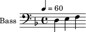 


\new Staff \with {
  midiInstrument = "cello"
  shortInstrumentName = #"B "
  instrumentName = #"Bass "
  } {
  \clef bass \relative c {  
   \time 4/4 \key d \minor \tempo 4 = 60
        d e f
}}
