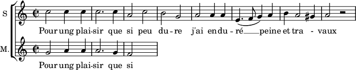 
\new ChoirStaff <<
\new Staff \with {
  midiInstrument = #"Flute"
  instrumentName = #"S "
  shortInstrumentName = #"S "
  } {
  \relative c'' {  
   \time 2/2 \key c \major 
        c2 c4 c
        c2. c4
        a2 c
        b2 g
        a2 a4 a
        e4. ( f8 g4 ) a
        b4 a2 gis4 a2 r2
  }  }
 \addlyrics { 
              Pour ung plai -- sir que si peu du -- re
              j'ai en -- du -- ré  __ peine et tra - vaux
            }
\new Staff \with {
  midiInstrument = "Flute"
  shortInstrumentName = #"M "
  instrumentName = #"M."
  } {
  \relative c'' {  
   \time 2/2 \key c \major 
    g2 a4 a
    a2. g4 
    f2
  }  }
 \addlyrics { 
              Pour ung plai -- sir que si peu du -- re
              j'ai en -- du -- ré  __ peine et tra - vaux
            }
>>
