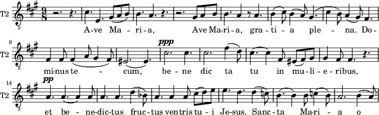 
\new Staff \with {
  midiInstrument = "violin"
  shortInstrumentName = #"T2 "
  instrumentName = #"T2 "
  } {
  \relative c' {  
   \clef "treble_8"
   \time 9/8 \key a \major 
        r2. r4.
        cis4. e,4. gis8 (a b)
        b4. a4. r4.
        r2. gis8 a b
        b4. a4 r8 a4.
        b4 (cis8) b4 (a8) gis4.
        ( cis4 b8) a4 (gis8) fis4.
        fis4 fis8 fis4 (a8 gis4 fis8)
        eis2. ( eis4. )
        cis'2. ^\ppp cis4.
        cis2.  fis4 (d8)
        cis4. (cis4) fis,8 eis (fis) gis
        gis4 fis8 fis4. r4.
        a4. ^\pp a4. (a4) a8
        a4. a4. d4 (bes8)

        a4. a4 a8 cis8 (d) e
        e4. d4. d4 (c8)
        b4. (b4) b8 c4 (b8)
        a2. b4 (a8)
  }  }
 \addlyrics { 
            A -- ve Ma -- ri -- a,
             A -- ve Ma -- ri -- a, gra -- ti -- a ple -- na.
             Do -- mi -- nus te -- cum,
             be -- ne dic ta tu in mu -- li -- e -- ri -- bus,
              et be -- ne -- dic -- tus fruc -- tus ven -- tris tu -- i Je -- sus.
              Sanc -- ta Ma -- ri -- a
              o -- ra pro no -- bis
              nunc et in ho -- ra mor -- tis nos -- trae.  A -- men, a -- men, a -- men
            }
