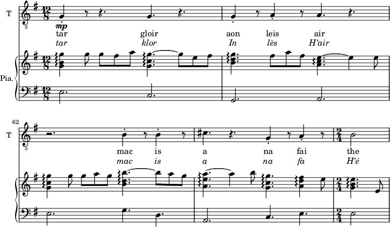 
<<

\new ChoirStaff <<
\new Staff \with {
 midiInstrument = "trumpet"
  shortInstrumentName = #"T "
  instrumentName = #"T "
  } {
  \relative c' { 
   \clef "treble_8"  
   \time 12/8 \key g \major 
       g4-.\mp r8 r4. g4. r
       g4-. r8  a4-. r8  a4. r4.
       r2. b4-. r8  b4-. r8
       cis4.   r g4-. r8 a4-. r8
    \time 2/4
       b2
  }  }
 \addlyrics { 
              tar  gloir  
              aon leis air
              mac is a
              na fai
              the


            }
\addlyrics {  \override LyricText.font-shape = #'italic
             tar  klor
             In  lès H’air    
             mac is  a
             na fa 
             H’é
            }
 >>

\new PianoStaff \with { instrumentName = #"Pia." } <<
      \new Staff \relative c'' { 
      \set Staff.midiMaximumVolume = #0.5
      \set Score.currentBarNumber = #60
        \key g \major  

        \time 12/8
           <g b g'>4\arpeggio g'8 g fis a <g, c g'>4.~\arpeggio g'8 e fis 
           <b, d g>4.\arpeggio  fis'8 a fis  <a, c e>4.~\arpeggio e'4 e8
           <g, c g'>4\arpeggio g'8 g a g <b, d b'>4.~\arpeggio b'8 a g
           <a, e' a>4.~\arpeggio   a'4 b8  <g, c g'>4.\arpeggio  <a d fis>4\arpeggio e'8
        \time 2/4
            <g, b e>4.\arpeggio  e8

       }
      \new Staff \relative c { 
      \set Staff.midiMaximumVolume = #0.5
        \clef bass
        \key g \major 
        \time 12/8 

           e2. c
           g2. a
           e'2. g4. d
           a2. c4. e
        \time 2/4
           e2
            
       }

>>

>>
