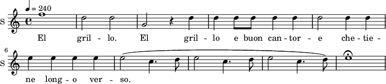 
\new Staff \with {
  midiInstrument = #"violin"
  instrumentName = #"S "
  shortInstrumentName = #"S "
  } {
  \relative c'' {  
 \tempo 4 = 240
    f1 |
    d2 d |
    g, r4 d'4|
    d d8 d d4 d |
    d2 d4 d |
    e e e e |
    e2 ( c4. d8 |
    e2 c4. d8 |
    e2 c4.  d8) |
    e1\fermata |

  }  }
 \addlyrics { 
               El gril -- lo.
    El gril -- lo e buon can -- tor -- e che -- tie -- ne long -- o ver -- so.
            }
