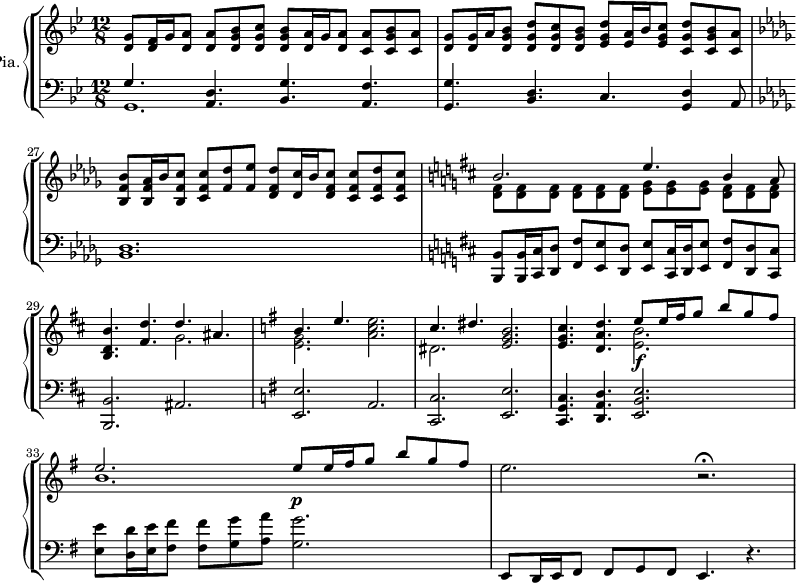 
<<
\new ChoirStaff <<
    \new PianoStaff \with { instrumentName = #"Pia." } <<
      \new Staff \relative c' { 
      \set Score.currentBarNumber = #25
      \time 12/8  \key g \minor 
      <d g>8 <d f>16 g <d a'>8   <d a'> <d g bes> <d g c>  <d g bes> <d a'>16 g <d a'>8  <c a'> <c g' bes> <c a'>
      <d g>8  <d g>16 a' <d, g bes>8     <d g d'> <d g c> <d g bes>   
               <ees g d'> <ees a>16 bes' <ees, g c>8 <c g' d'> <c g' bes> <c a'>
      \key bes \minor <bes f' bes> <bes f' aes>16 bes'   <bes, f' c'>8       <c f c'> <f des'> <f ees'>
                <des f des'>8 <des c'>16 bes'   <des, f c'>8        <c f c'> <c f des'> <c f c'> 
       \key d \major << {b'2. e4. b4 a8} \\ 
                       { <d, fis>8 <d fis> <d fis> <d fis> <d fis> <d fis>  <e g> <e g> <e g>  <d fis> <d fis> <d fis>} >>
      <b d b'>4. <fis' d'> << { d'4.  ais } \\ {g2. } >>
       \key g \major << { b4. e } \\ { <e, g>2.} >>  <a c e>2.
       << { c4. dis } \\ { dis,2. } >> <e g b>2.
       <e g c>4. <d a' d>  << { e'8\f e16 fis g8 b g fis } \\ { <e, b'>2. } >>
       << {e'2. e8\p e16 fis g8 b g fis } \\ { b,1. } >>
       e2. r\fermata
       }

      \new Staff \relative c' { 
        \clef bass
        \key g \minor 
        << {g4.  <a, d> <bes g'> <a f'> } \\ {g1. } >>
        <g g'>4. <bes d> c <g d'>4 a8
        \key bes \minor <bes des>1.
        \key d \major  <b, b'>8 <b b'>16 <cis cis'> <d d'>8   <fis fis'> <e e'> <d d'>   <e e'> <cis cis'>16 <d d'> <e e'>8
                       <fis fis'> <d d'> <cis cis'> 
         <b b'>2. ais'
       \key g \major 
         <e e'> a
        <c, c'> <e e'>
       <c g' c>4. <d a' d> <e b' e>2.
       <e' e'>8 <d d'>16 <e e'> <fis fis'>8 <fis fis'> <g g'> <a a'> <g g'>2.
       e,8 d16 e fis8 fis g fis e4. r4. 
      }
>>
>>
>>
