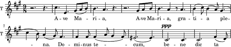 \new Staff \with {
midiInstrument = "trumpet"
shortInstrumentName = #"T "
instrumentName = #"T "
} {
\relative c' {
\clef "treble_8"
\time 9/8 \key a \major
r2. r4.
cis4. e,4. gis8 (a b)
b4. a4. r4.
r2. gis8 a b
b4. a4 r8 a4.
b4 (cis8) b4 (a8) gis4.
( cis4 b8) a4 (gis8) fis4.
fis4 fis8 fis4 (a8 gis4 fis8)
eis2. ( eis4. )
cis2. ^\ppp cis4.
cis2. fis4 (d8)
} }
\addlyrics {
A -- ve Ma -- ri -- a,
A -- ve Ma -- ri -- a, gra -- ti -- a ple -- na.
Do -- mi -- nus te -- cum,
be -- ne dic ta tu in mu -- li -- e -- ri -- bus,
et be -- ne -- dic -- tus fruc -- tus ven -- tris tu -- i Je -- sus.
Sanc -- ta Ma -- ri -- a
o -- ra pro no -- bis
nunc et in ho -- ra mor -- tis nos -- trae. A -- men, a -- men, a -- men
}