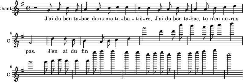 
\new ChoirStaff
\new Staff \with {
  midiInstrument = #"Flute"
  instrumentName = #"Chant"
  shortInstrumentName = #"C "
  } {
  \relative c'' {  
   \time 4/4 \key g \major 
    \autoBeamOff
        r2
        g8 a8 b8 g8
        a4 a8 b8 c4 c4 
        b4 b4 g8 a8 b8 g8
        a4 a8 b8 c4 d4 \break
        g,2 \bar "||" d'4 d8 c8
        b4 a8 b8 c4 d4
        g'2 d4 d8 c'8
        b4 a8 b8 c4 d4 \break
        g,2 g8 a8 b8 a8
        a4 a8 b'8 c4 c4
        b4 b4 g8 a8 b8 g8
        a4 a8 b8 c4 d4 
        g,2              
  }  } 
\addlyrics { 
              J'ai du bon ta -- bac dans ma ta -- ba -- tiè -- re,
              J'ai du bon ta -- bac, tu n'en au -- ras pas.
              J'en ai du fin 
            }
