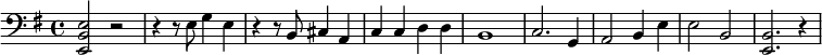 
<<
\new Staff \with {
  midiInstrument = "violin"
 } 
  {
  \relative c { 
   \time 4/4 \key g \major 
    \clef bass 
  <e, b' e>2 r 
  r4 r8 e' g4 e
  r4 r8 b cis4 a
   c4 c d d
   b1
    c2. g4
   a2 b4 e
   e2 b
   <e, b'>2. r4
  }
}
>>
