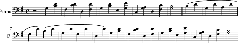 
\new Staff \with {
  midiInstrument = #"Piano"
  instrumentName = #"Piano"
  shortInstrumentName = #"C "
  } {
  \clef bass\relative c' {  
   \time 4/4 \key g \major
    r2
    g4 <b d>
    fis <c' d>
    d, <fis d'>
    g <b d>
    e, <g e'>
    c, <g' a>
    d <fis c'>
    <g b>2 \bar "||"
    b4 (d
    g, d'
    a d
    fis, d')
    b (d
    g, d'
    fis, d'
    d, d')
    g,4 <b d>
    fis <c' d>
    d, <fis d'>
    g <b d>
    e, <g e'>
    c, <g' a>
    d <fis c'>
    <g b>2 
}  }
