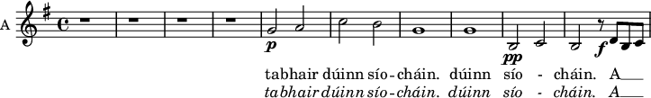 
<<
\new ChoirStaff <<
\new Staff \with {
  midiInstrument = "violin"
  shortInstrumentName = #"A "
  instrumentName = #"A "
  } {
  \relative c'' { 
   \set Score.currentBarNumber = #48
   \time 4/4     
  \key g \major
     r1 r1 r1 r1
     g2\p a
     c2 b
     g1
     g1

     b,2\pp c
     b  r8\f d b c 
    } }
  \addlyrics { 
              ta -- bhair dúinn sío -- cháin.
              dúinn sío - cháin.
             A __ _ _
              
            }
\addlyrics {  \override LyricText.font-shape = #'italic
              ta -- bhair dúinn sío -- cháin.
              dúinn sío - cháin.
              A __ _ _
            }
 >>
>>
